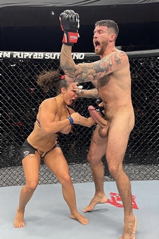 Woman beats a man, then busts his balls.